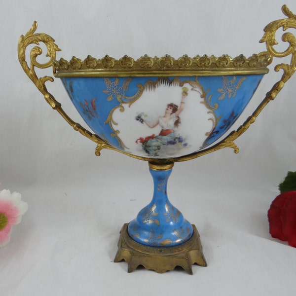 1900s French Brass and Porcelain Blue Pedestal Compote