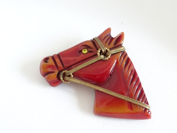 1940s Antique Carved Bakelite Horse Brooch Pin a … - image 2