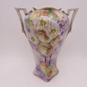 1900s Antique Art Deco Hand Painted Nippon Two Handled Floral Porcelain Vase