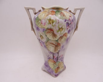 1900s Antique Art Deco Hand Painted Nippon Two Handled Floral Porcelain Vase