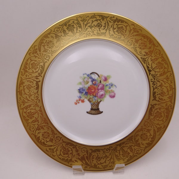 Antique Spectacular Gold Encrusted H&C Selb Bavaria Germany Stouffer Studio Flower Basket Dinner Plate - 6 Available