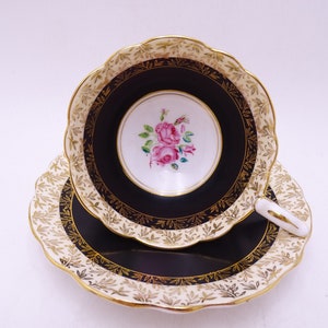 Stunning Vintage English Bone China Royal Stafford Black and Gold Pink Rose Teacup and Saucer set Pretty English Tea Cup