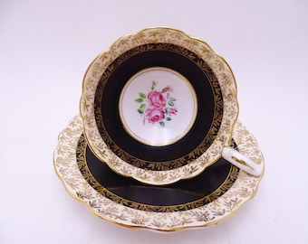 Stunning Vintage English Bone China Royal Stafford Black and Gold Pink Rose Teacup and Saucer set Pretty English Tea Cup 82267