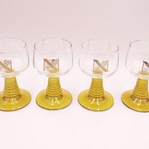 Vintage Set of 4 Schott-Zwiesel Ruwer Glass Wine Glasses have a Yellow Stem and Gold Monogrammed N - Yellow Stem Wine Glass