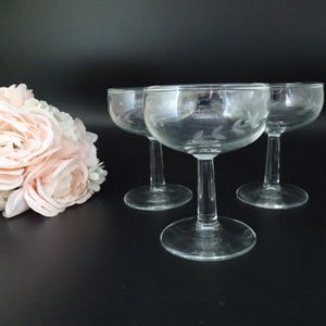 Three Clear Glass Etched Leaf Champagne Toasting Goblets / Glasses - Vintage Champagne / Tall Sherbet Glasses - Champagne Dessert Toasting