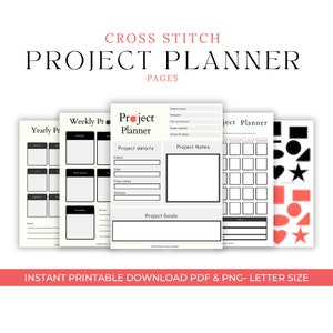 Download digital - Páginas do planejador de projeto em ponto cruz - Acesso instantâneo - Tamanho carta - Preto e branco com detalhes rosa - PDF e PNG