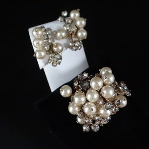 Circa 1930s Gorgeous Pearl and Rhinestone Brooch and Clip Earring Set  Elegant Design Jewelry  Antique Demi Parure Set