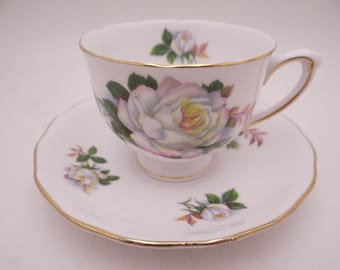Mid Century Royal Vale English Bone China English White Rose Teacup and Saucer set English Tea Cup 8140
