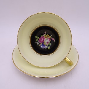 1930s Vintage Stanley Potteries English Bone China Yellow and Black Floral Teacup and Saucer set Bright and Colorful Tea Cup