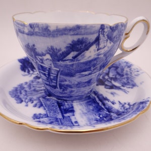 1940s Vintage  Shelley English Bone China &quot;Blue Devon&quot; Teacup and Saucer Elegant Blue Tea Cup 127354