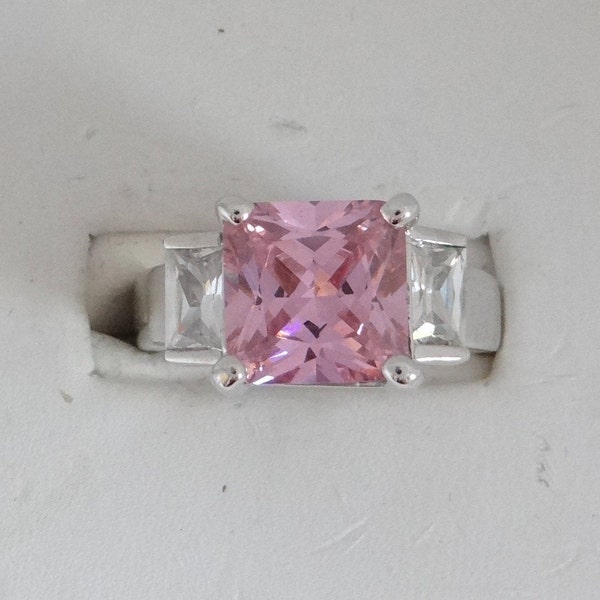 Pink Faceted Square Rhinestone Ring with Clear Rhinestone Baguette Accent on a Silver Tone Setting Size 8-1/4 a Modern Bling Ring