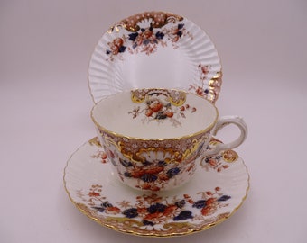Rare Antique Hand Painted Royal China Staffordshire English Bone China Imari Tea Trio Large Tea Cup and Saucer Set  Bread and Butter Plate