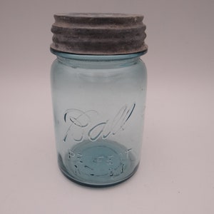 1920s Antique 1 Pint Aqua Blue Ball Perfect Mason Jar Canning Jar with Ball Zinc Lid - 4 Available - Wedding Decor