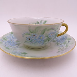 Antique Vintage GKC Gareis Kühnl Co. Germany Hand Painted and Artist Signed Blue Floral Teacup and Saucer Set
