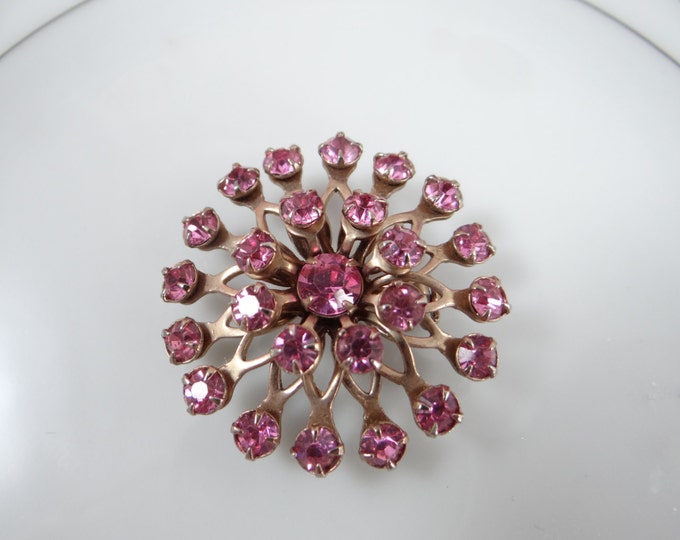 Pretty in Pink Rhinestone Brooch Pin on a Gold Tone Arch Setting Lovely