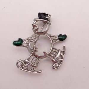 Vintage Silver &quot;see through&quot; Snowman with Green Gloves and Black Hat - Frosty the Snowman - Wonderful Winter or Christmas Holiday Brooch