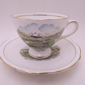 Vintage Gladstone English Bone China &quot;Nova Scotia Border Gardens Amherst&quot; Souvenir Teacup and Saucer set English Tea Cup