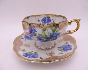 Vintage Sonsco Japan Blue Floral Footed Teacup and Saucer set