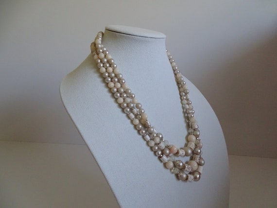 3 Strand Cream and Silver Beads with Gold Bead an… - image 2