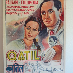 Vintage 1944 Original Bollywood Full Size Movie Poster "Qatil"