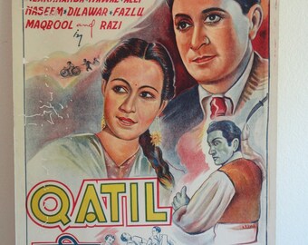 Vintage 1944 Original Bollywood Full Size Movie Poster "Qatil"