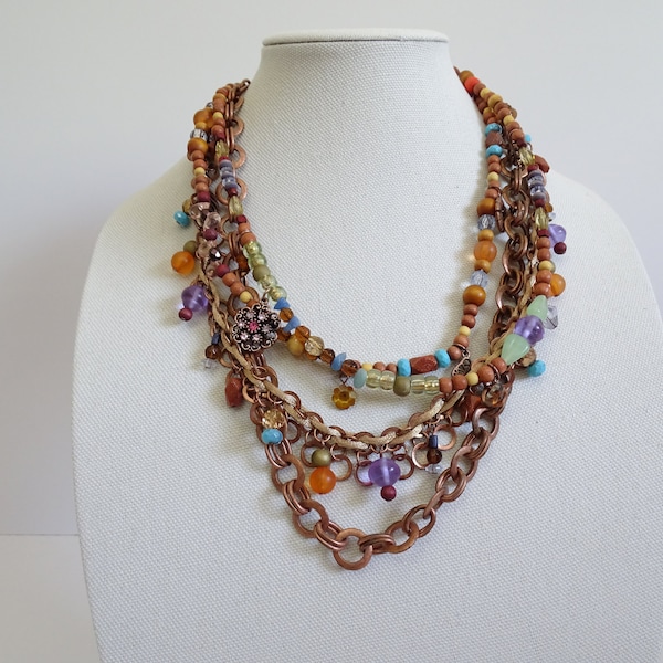 Chico's Multi Strand Multi Color Beaded Necklace with Rhinestone Bead Details and a Copper Chain - Vintage Necklace