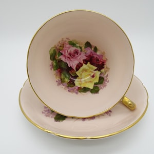1930s Vintage Stanley Potteries English Bone China Pink Rose Bouquet Teacup and Saucer set Bright and Colorful Tea Cup 221-11