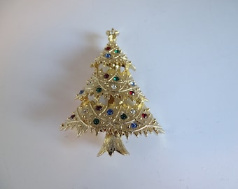 Eisenberg Ice Red Green and Blue Rhinestone Christmas Tree Brooch Pin on a Gold Tone Setting with Original Box and Tag