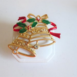 JJ Gold Tone Christmas Bell Ornament Brooch Pin has a Rhinestone and Holly Berry Leaf Bow Accent- Vintage Christmas Brooch