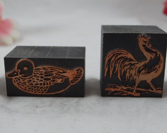 Vintage Set of 6 Chicken and Duck Copper Print Blocks - Stamp block