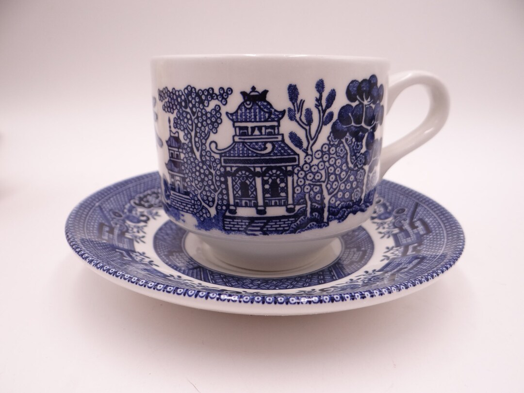 Vintage Churchill England Blue and White Willow Ware Teacup and Saucer