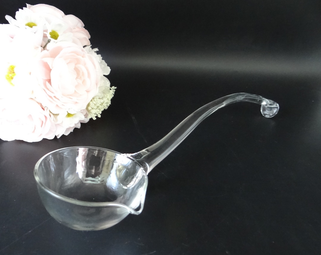 Vintage Hand Blown Clear Glass Punch Bowl Ladle a 11.5 Long Handblown