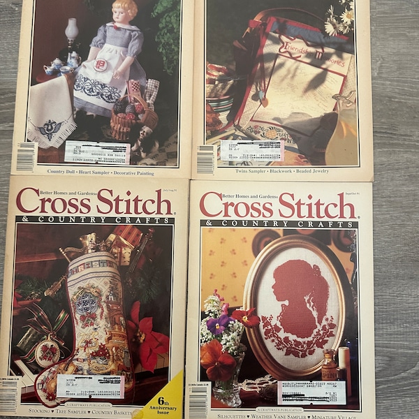 Cross Stitch and Country Crafts Magazine - 1991 - You Choose One - Cross Stitch Pattern Charts - Doll Apron - Christmas Stocking Silhouette