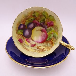 Vintage Aynsley English Bone China Cobalt Blue Orchard Fruit Teacup and Saucer Set signed &quot;D. Jones&quot; Delightful Tea Cup