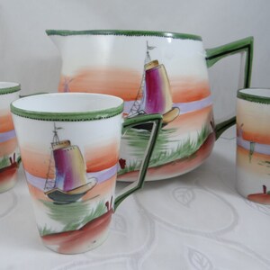 Large Hand Painted Nippon E-Oh Water Milk Lemonade Pitcher Set - Stunning - Sailing Ship