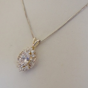 Cubic Zirconium and Silver Tone Pendant on Silver Box Chain Marked 925 - Pretty Vintage Pendant Necklace