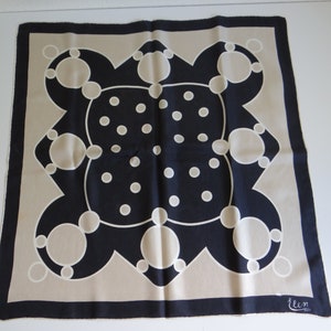 Lovely Vintage Elen Paris Navy and Taupe Geometric Pattern Scarf 29 by 30.75 image 2