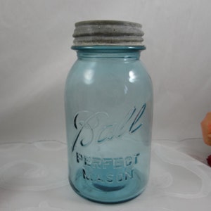 1920s Antique 1 Quart  Aqua Blue Ball Perfect Mason Jar Canning Jar with Zinc Lid - Wedding Decor