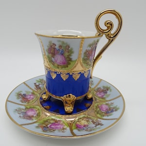 Stunning STW Bavaria  Courting Couple Love Story Fragonard Demitasse Cappuccino Teacup and Saucer Espresso Cup Cobalt Blue and Gold Teacup