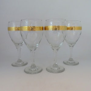 4 Clear Wine Goblets with Gold Encrusted Band 6.5&quot; Wine Glasses or Wine Goblets - 4 Sets Available - Classic & Elegant Design