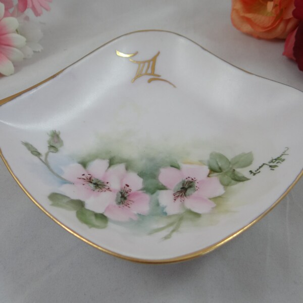 Hand Painted Pink Flower Serving Candy or Trinket Dish Artist Signed