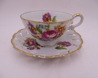 Vintage Lila Rose Blumen Gitter Reticulated Lüsterware Teetasse und Untertasse Japanische Teetasse