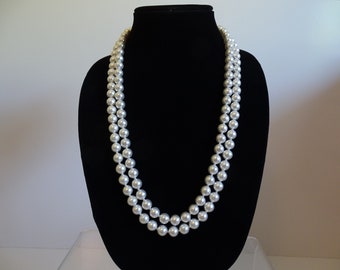 Very Long White Faux Pearl Knotted Necklace with Rhinestone Clasp - Elegant & Classic Style - Can be worn a variety of ways at 53" end-end