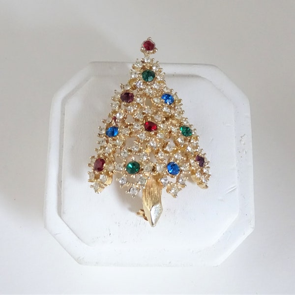 Eisenberg Multi Color Rhinestone Christmas Tree Brooch Pin on a Gold Tone Setting - Vintage Red Green Blue Purple and Clear Rhinestone Pin