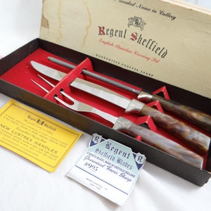 Regent Sheffield 3 Piece Carving Set in Original Box Sheffield England Lustrex Handles - English Stainless Carving Set