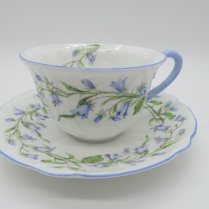 1940s Vintage Shelley English Bone China &quot;Harebell&quot; Blue and White Teacup and Saucer Set - Elegant 13590