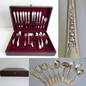 1941 Wm Rogers Mfg Co Priscilla Lady Ann  59 Piece Silverplate Flatware Set in Box - Service for 10 - 5 Piece Place Setting - 9 Serving Pcs