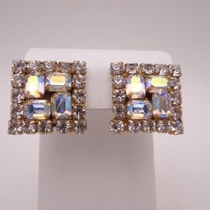 Stunning Vintage Aurora Borealis Emerald Cut and Faceted Round Rhinestone Square Clip On Earrings on a Gold Tone Setting Rhinestone Earrings