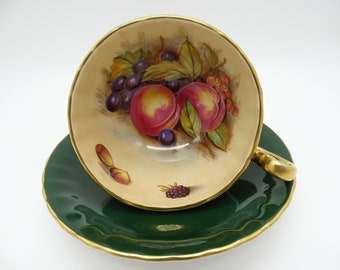 Vintage Aynsley English Bone China Dark Green Orchard Fruit Teacup and Saucer Set signed "D. Jones" Delightful Tea Cup