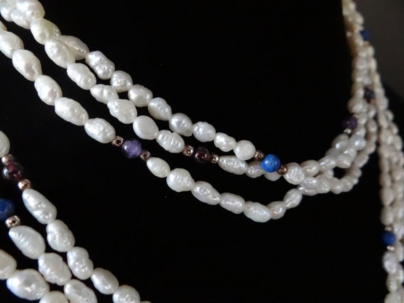 Three Vintage White Faux Pearl Necklaces with Blu… - image 4